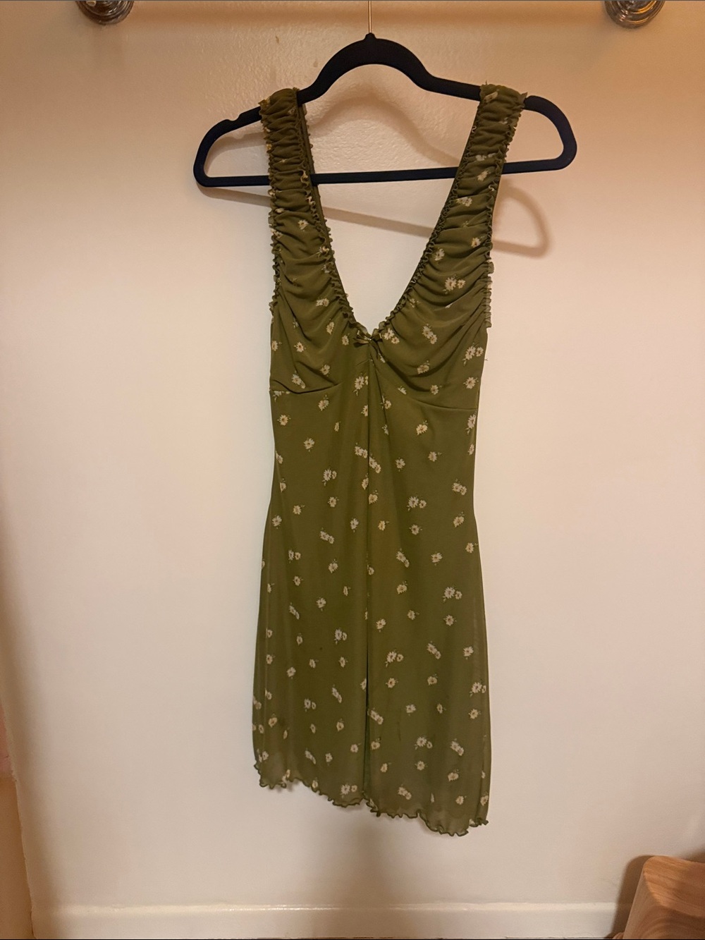 Forever 21 Olive Green Floral Ruched V-Neck Mini Dress